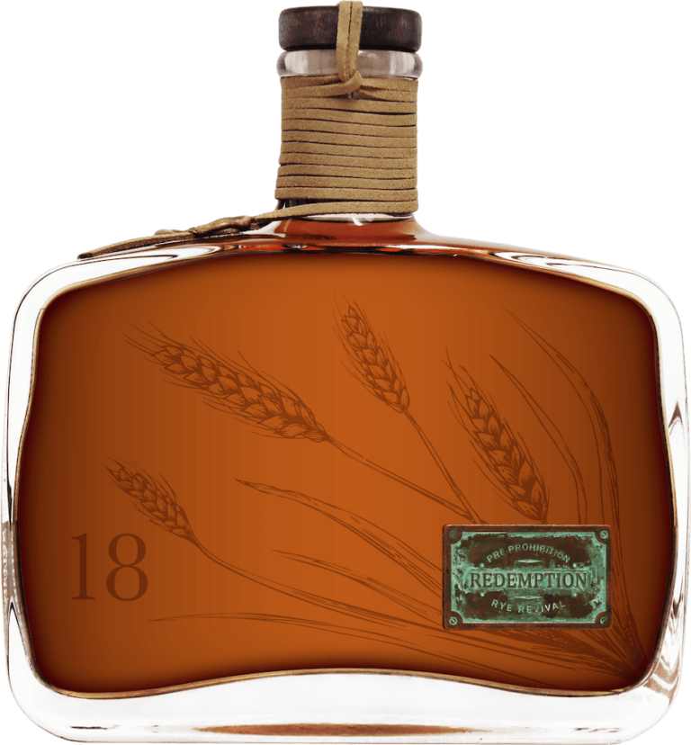 Bottle of 18 year aged Redemption Whiskey on table - Redemption Whiskey