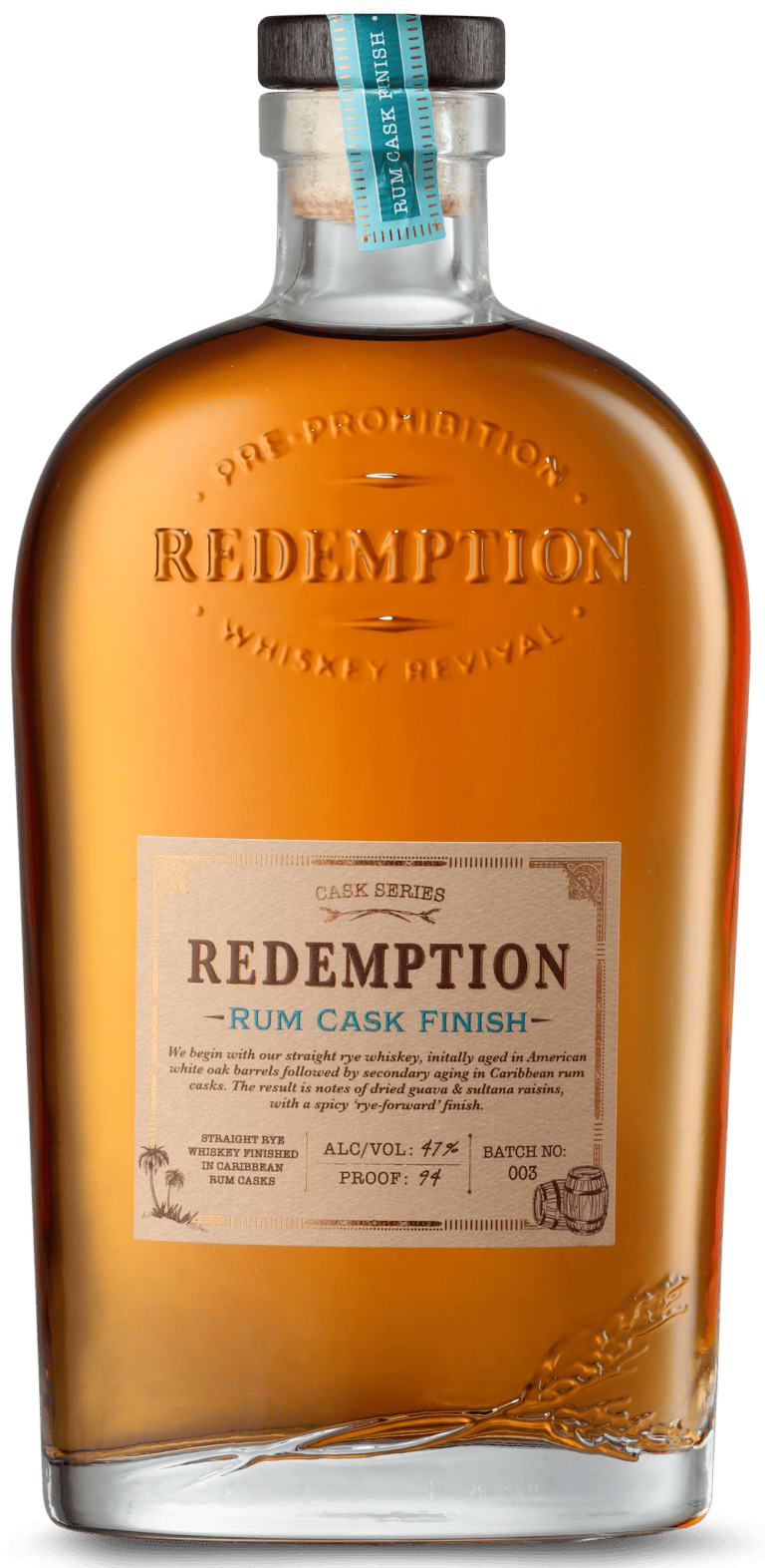 Bottle of Redemption Rum Cask Finish rye whiskey sitting on bar - Redemption Whiskey